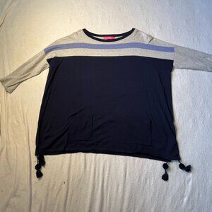 Lilly Pulitzer Women’s Top Size Large Gray & Navy 3/4 Sleeve Fringe Hem Blue Acc